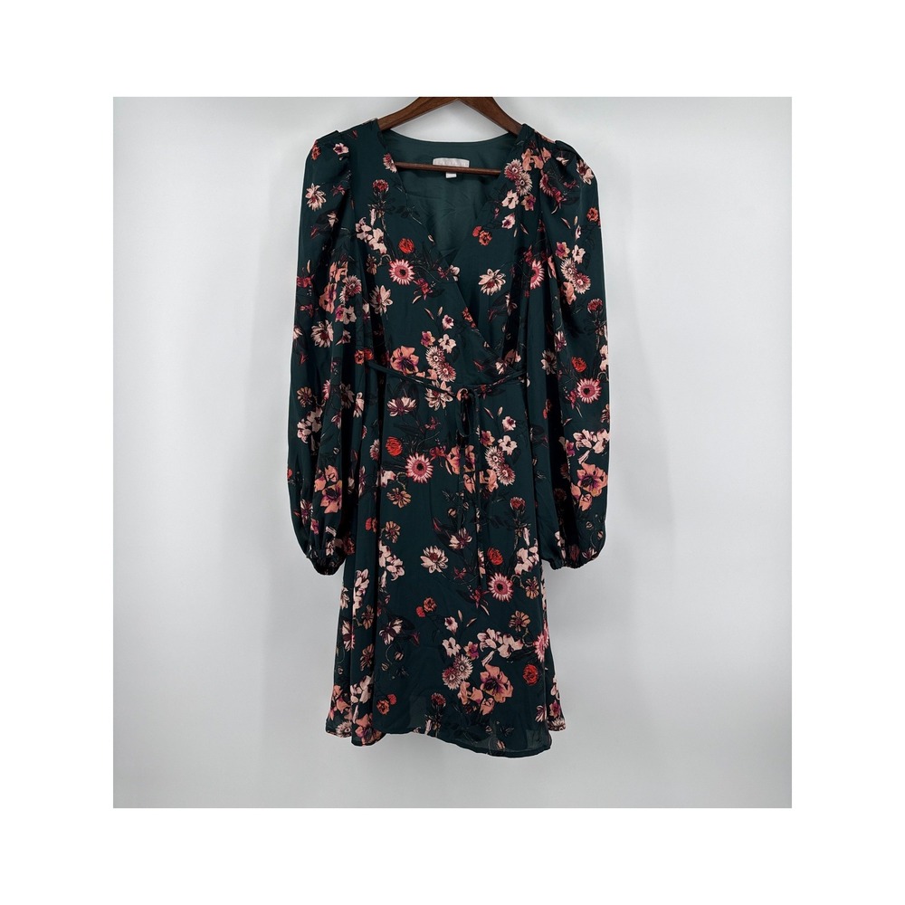 Chelsea28 Green Floral Faux Wrap Dress Long Puff Sleeve XS CH471713MI